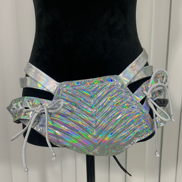 CLUB EXX Rude Awakening Holographic Booty Shorts Rave Bottoms Silver Size XXL - Picture 3 of 9